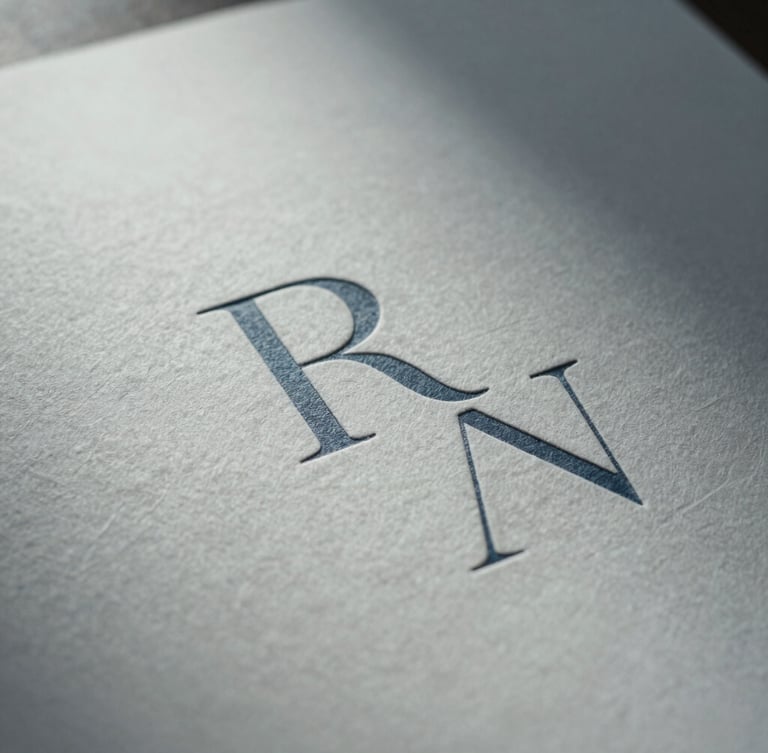 Extreme close-up of bespoke printed collateral on heavy-weight cotton paper, showcasing deep blind debossing of minimalist serif letters, soft cool northern light, quiet shadow.