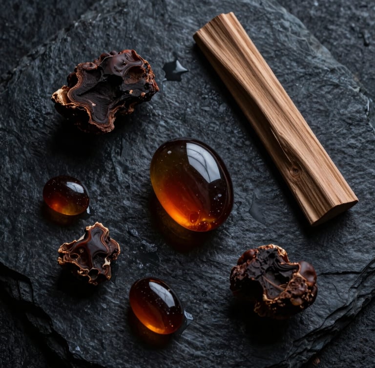 A dramatic overhead flatlay of dark raw ingredients like amber and cedar wood on a wet dark stone surface, low-key lighting, deep shadows