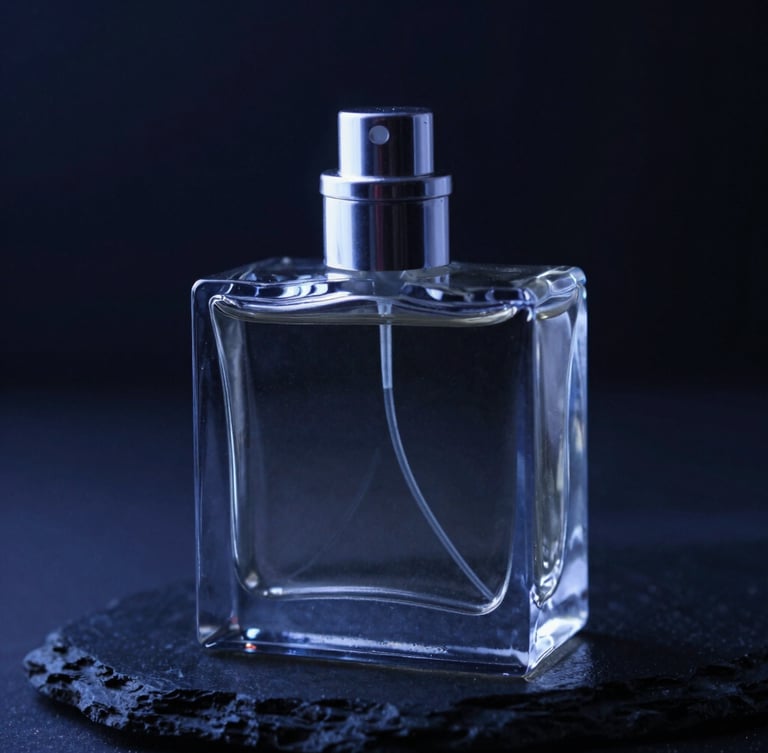 Macro close-up of a sleek premium glass perfume bottle reflecting dark blue light on a black stone surface, sharp glass reflections, 85mm lens