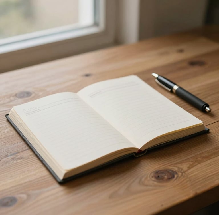 Un carnet de notes ouvert sur une table en bois clair, un stylo élégant posé à côté, lumière douce de fin d'après-midi, atmosphère de réflexion et de clarté