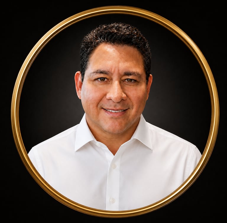 Professional headshot of a smiling man in a white dress shirt, framed by a circular gold border.