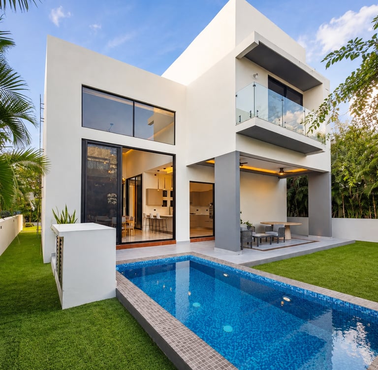 Modern luxury villa featuring a private blue mosaic swimming pool and green lawn.