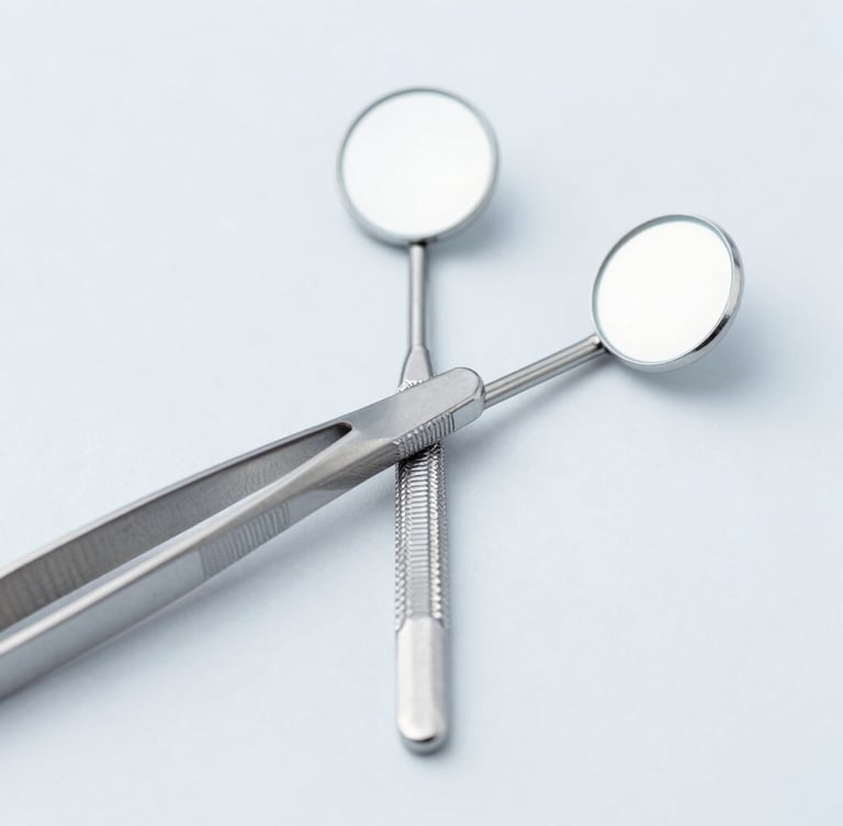 Macro clinical flat-lay of sterile stainless steel dental tweezers and mirrors on a pristine light gray background, bright high-key studio lighting, sharp focus.