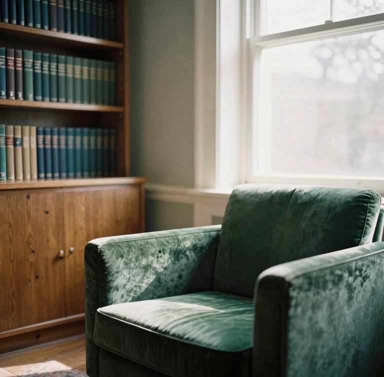 A quiet consultation room with a comfortable green velvet armchair, a wooden bookshelf filled with academic volumes in the background, soft morning sunlight filtering through a tall window, 35mm film