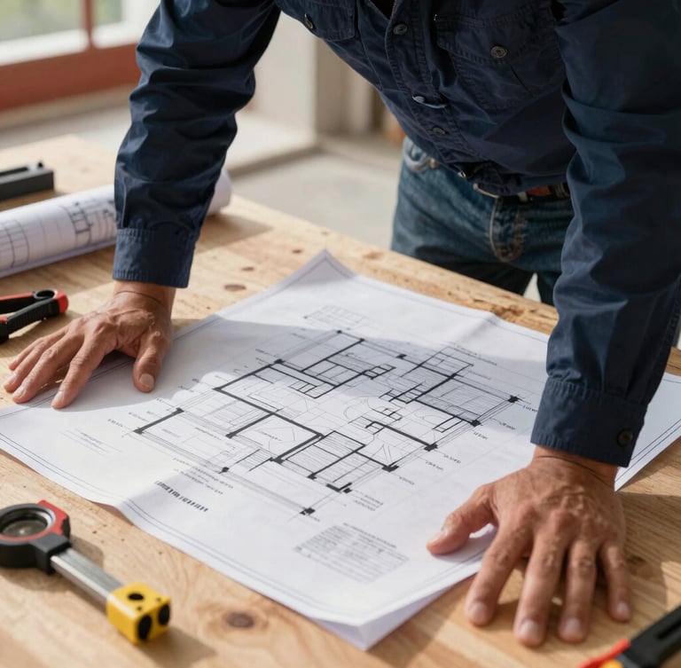 Close-up of a professional engineer examining blue architectural blueprints on a wooden work table at a construction site, sharp natural daylight, technical tools nearby