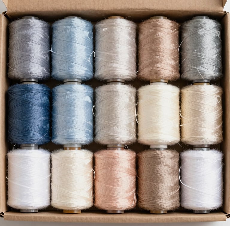 Close up of a structured cardboard box with neatly arranged spools of thread in a perfect color gradient, soft diffused light, top-down view