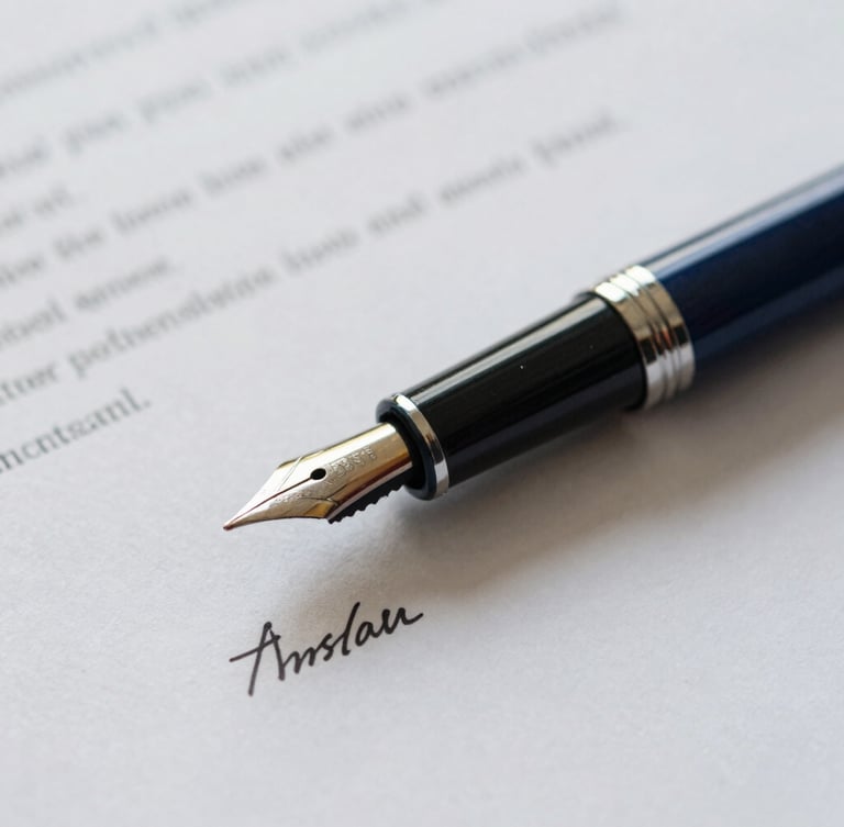 Close-up macro shot of signed legal documents and a classic fountain pen on heavy textured paper, soft overcast daylight, muted tones.