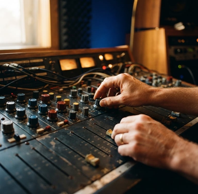 Intimate close-up of hands adjusting a premium vintage mixing console, warm golden-hour studio lighting, deep royal blue shadows, shallow depth of field, 35mm