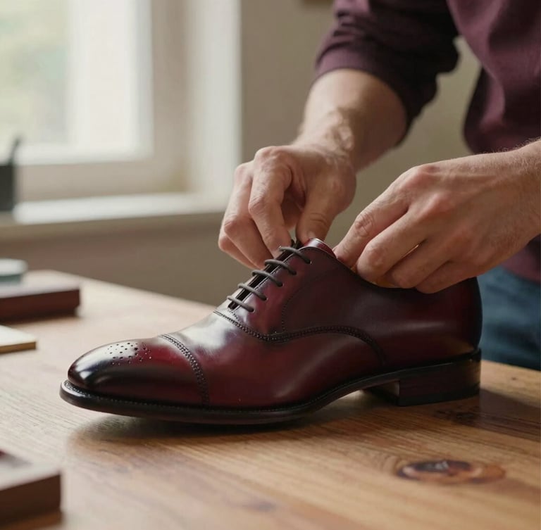 Low-angle environmental shot of an artisan's hands carefully polishing a Santoni leather oxford shoe on a wooden workbench, soft window light, warm tones