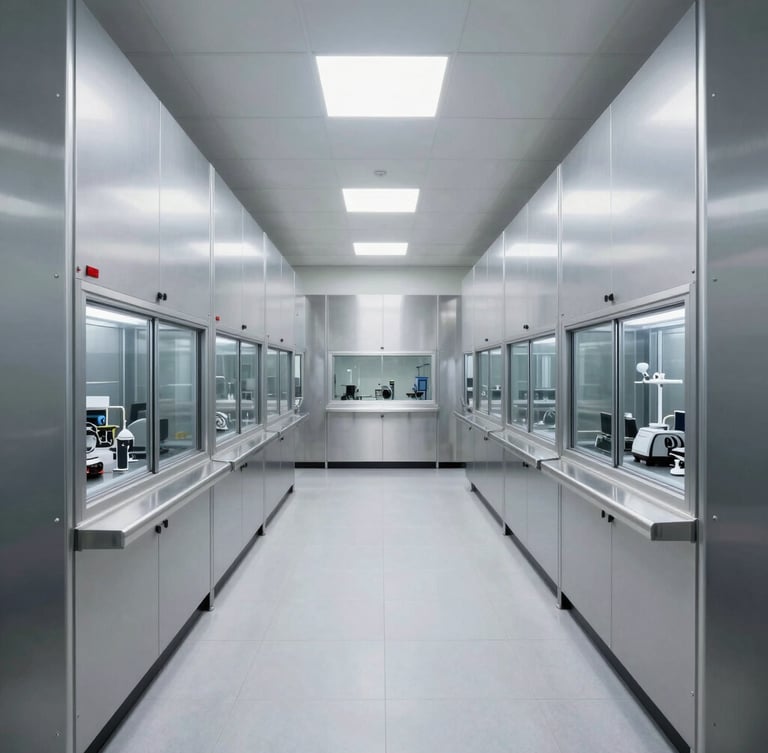 Straight-on architectural view of a modern cleanroom facility, bright clinical daylight, crisp metallic lines.