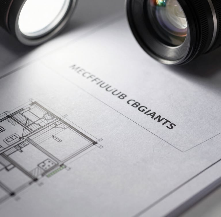 Macro close-up of technical compliance documentation and architectural blueprints under bright white studio lighting, sharp focus.