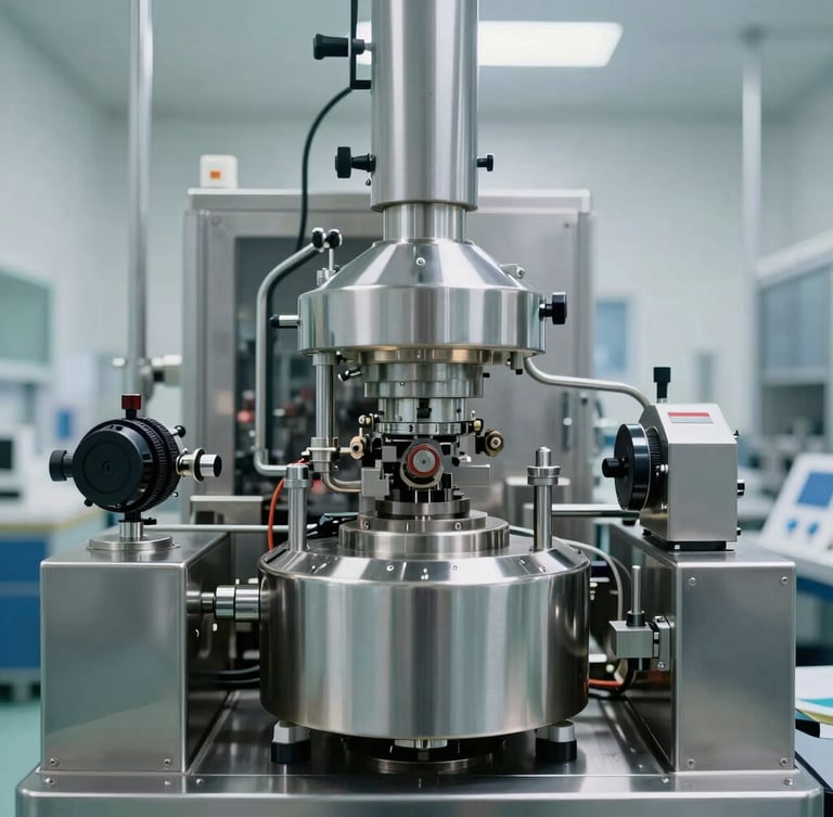 Straight-on shot of automated pharmaceutical manufacturing equipment, clean steel surfaces, bright clinical lighting.
