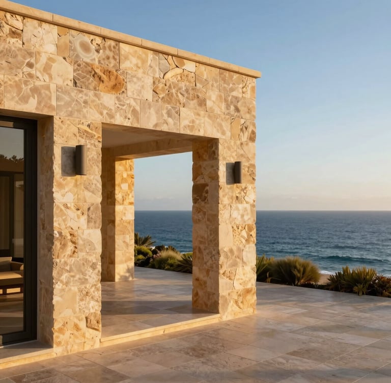 Architectural detail of a luxury villa with local stone and tile, warm natural sunlight, ocean views.