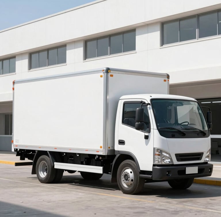 A clean local delivery truck parked outside a modern organized warehouse in Santiago, bright daylight, commercial utility style