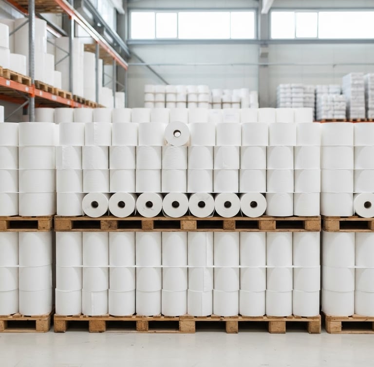 Bright high-key product photography of commercial paper rolls stacked neatly in a clean warehouse environment, crisp daylight, sharp focus