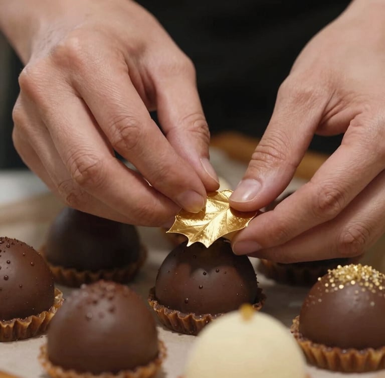Gros plan macro sur des mains gantées déposant une feuille d'or délicate sur une mignardise chocolatée brillante.