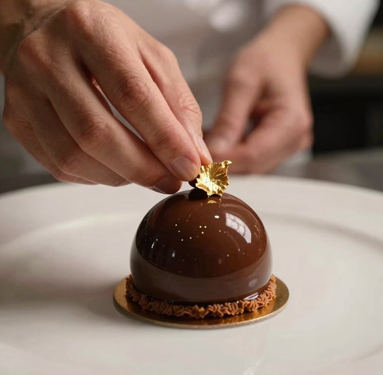 Extremely tight macro shot of a pastry chef's hands placing a delicate gold leaf garnish on a glossy chocolate dome mignardise, warm directional side-lighting, soft shadows, luxury editorial style.