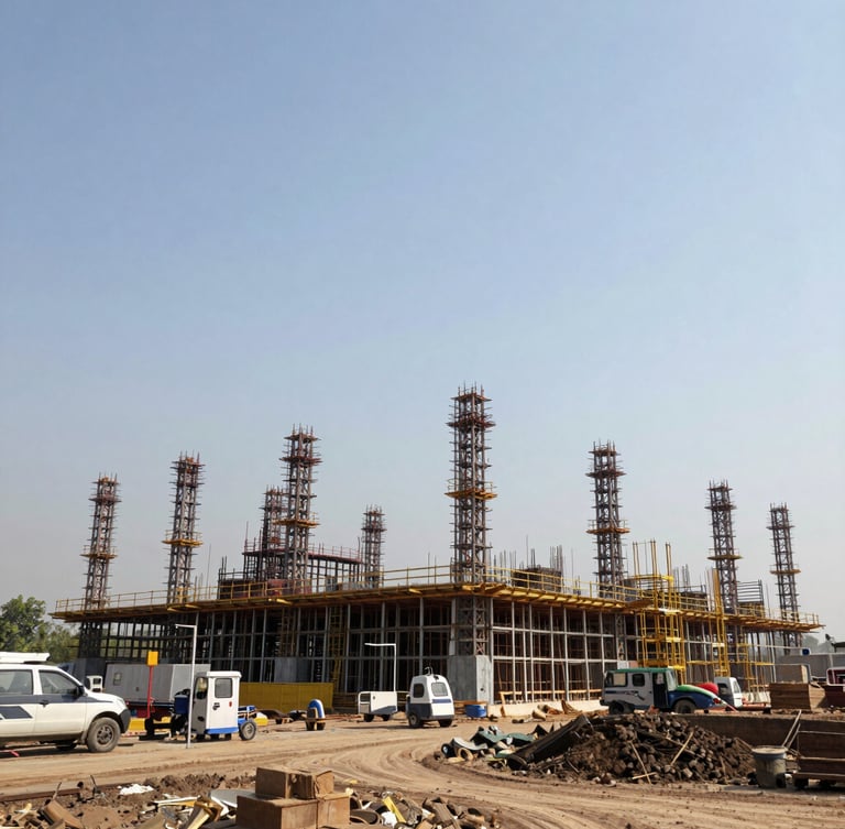 Wide angle view of an active industrial construction site in Greater Noida, structural steel frames rising against a clear sky, natural bright daylight