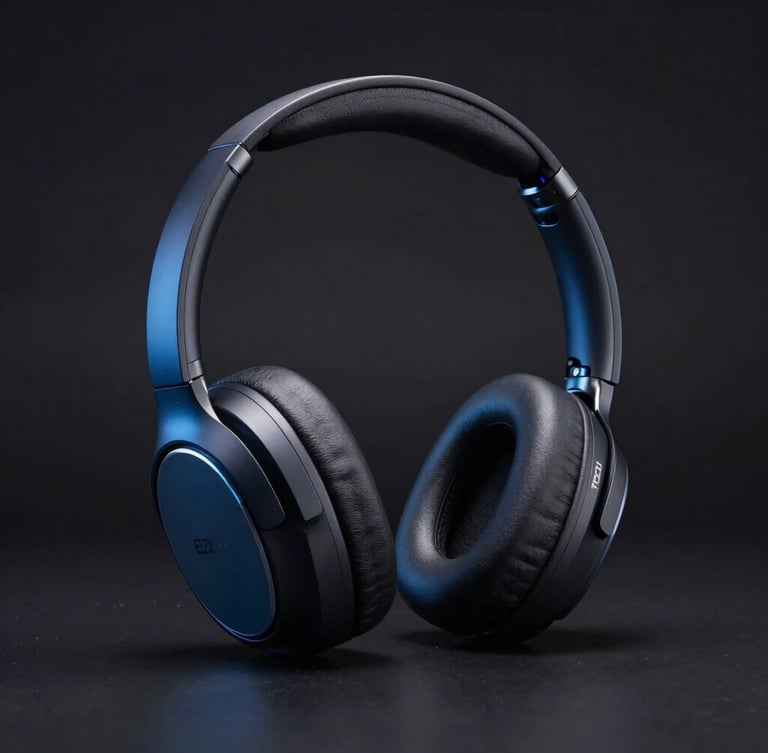Front-facing product elevation of EZI Pro Noise-Cancelling Headphones, sleek design against a dark reflective surface, dramatic key lighting, sharp metallic reflections, portrait aspect.