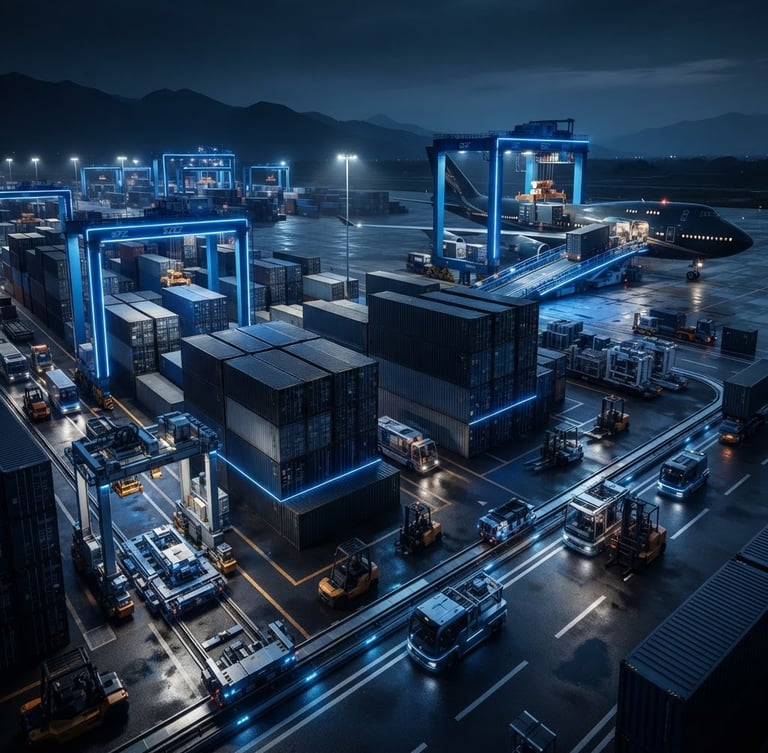 Wide panoramic view of a modern, high-tech industrial shipping dock at the Sichuan Zang Airport Economic Zone, containers stacked, with dramatic blue rim lighting and sharp metallic reflections on the machinery. A large cargo plane is visible in the background, tight macro crop, front-facing product elevations, and clean isometric angles.
