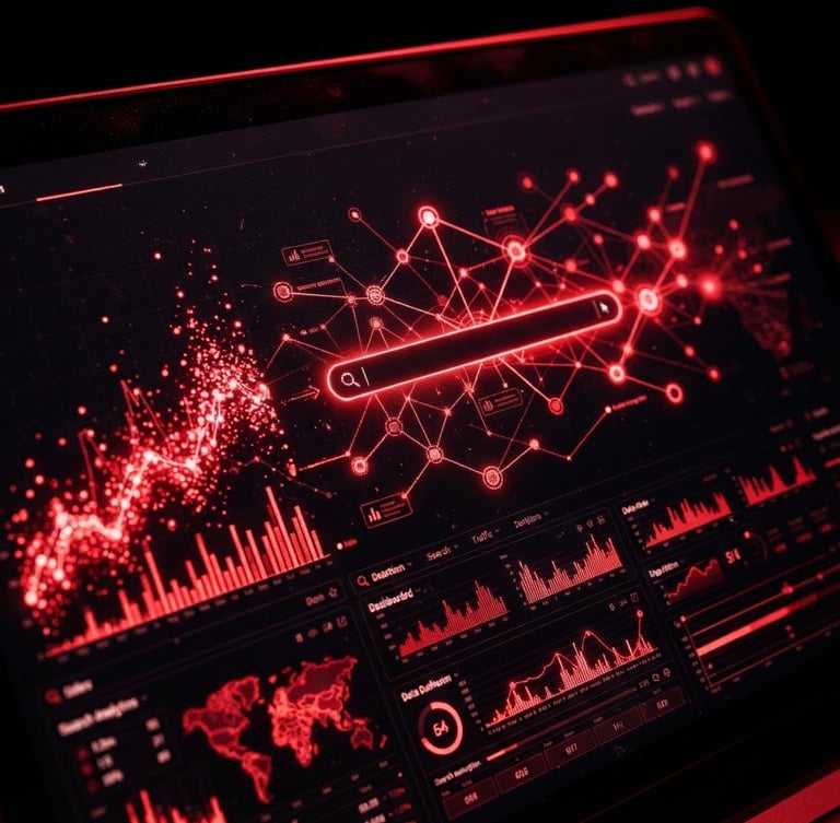 Macro close-up of a clean search analytics interface on a dark screen, sharp red ambient lighting, high contrast, 50mm lens
