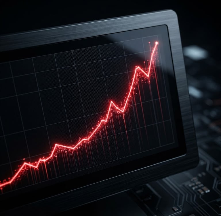 Macro detail of a clean analytical dashboard with sharp red line graphs reflecting traffic growth, high-contrast studio lighting, dark background