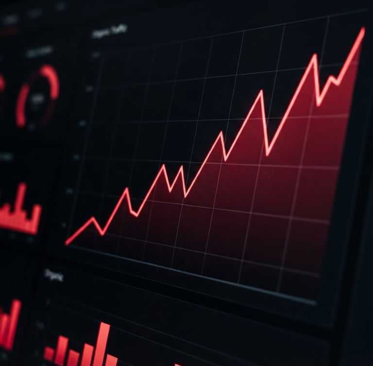 Macro detail of a clean analytical dashboard showing organic traffic growth, sharp high-contrast red accent lighting on black screens, 50mm