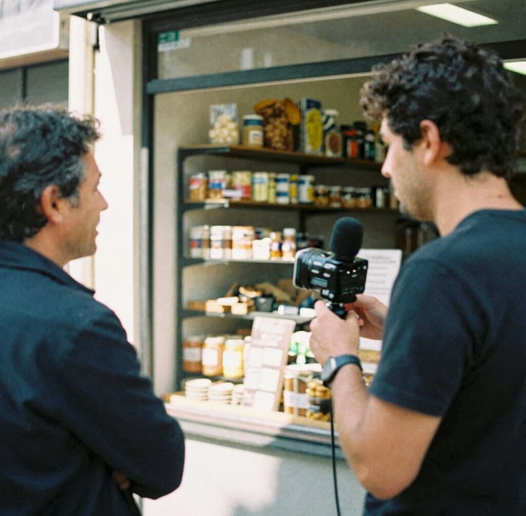 Environmental portrait of a reporter interviewing a local business owner inside a sunlit neighborhood bakery, candid moment, documentary film photography, natural ambient daylight, 35mm grain