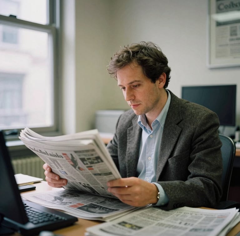 A candid medium environmental portrait of a local newspaper editor reviewing print sheets under warm window light in a small downtown office, 35mm film style.