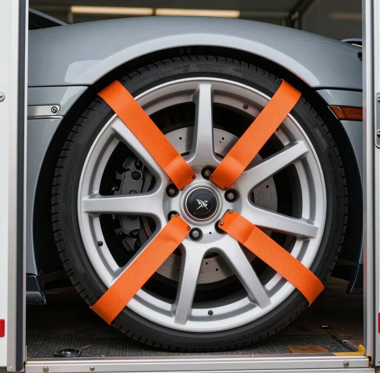Close-up of a pristine sports car wheel secured with heavy-duty orange tie-down straps inside a clean, modern enclosed trailer