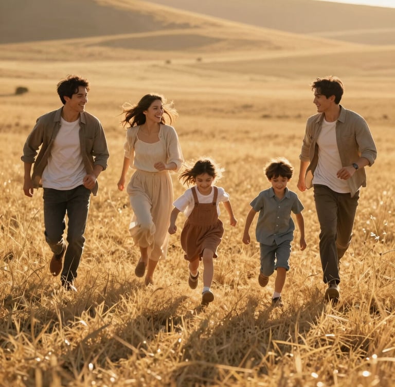 Cinematic medium shot of a young family running through a sun-drenched golden meadow, low-angle warm light casting long shadows, authentic smiles, candid motion.