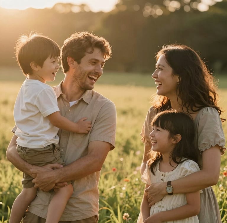 Cinematic portrait of a family laughing together in a sun-drenched meadow, warm low golden hour light, soft lens flare, authentic emotion.