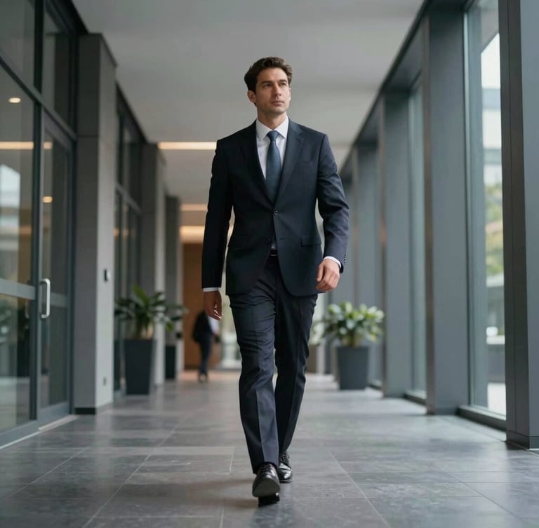 A professional lawyer in a sharp dark suit walking purposefully down a modern corporate hallway, low-angle medium shot, cool daylight, 35mm lens
