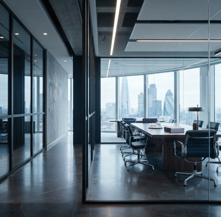 Modern corporate law office interior, sharp architectural lines, glass tables, cool daylight, deep navy and charcoal tones, 35mm lens, low angle, no people.