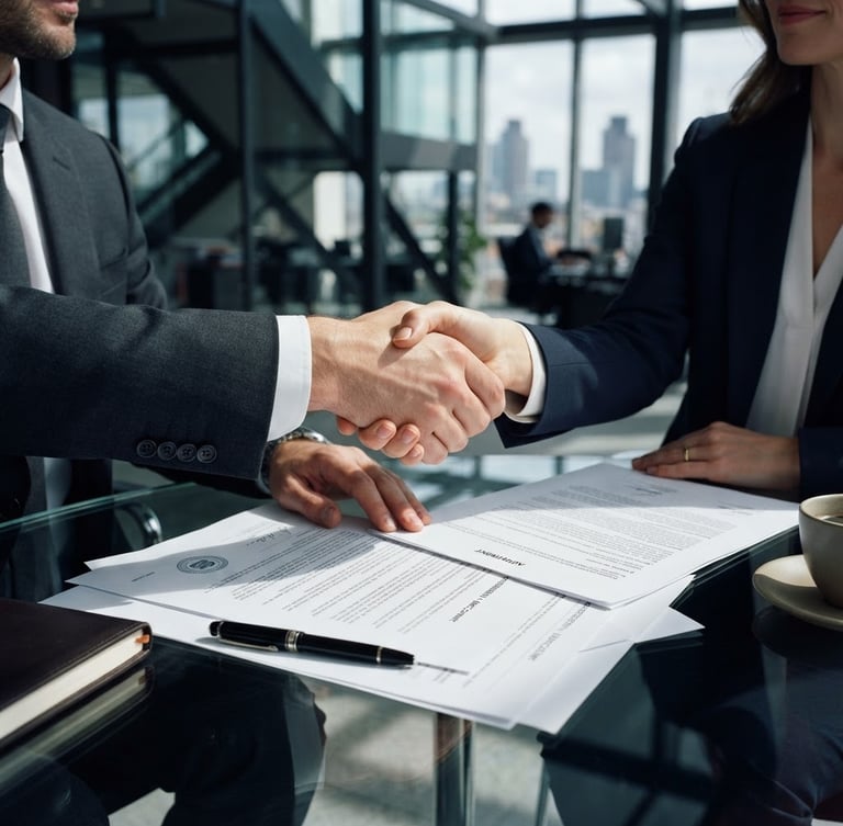 Close-up of a professional handshake over legal documents on a modern glass desk, cool corporate daylight, sharp shadows, deep navy and charcoal tones, architectural framing, 35mm lens.