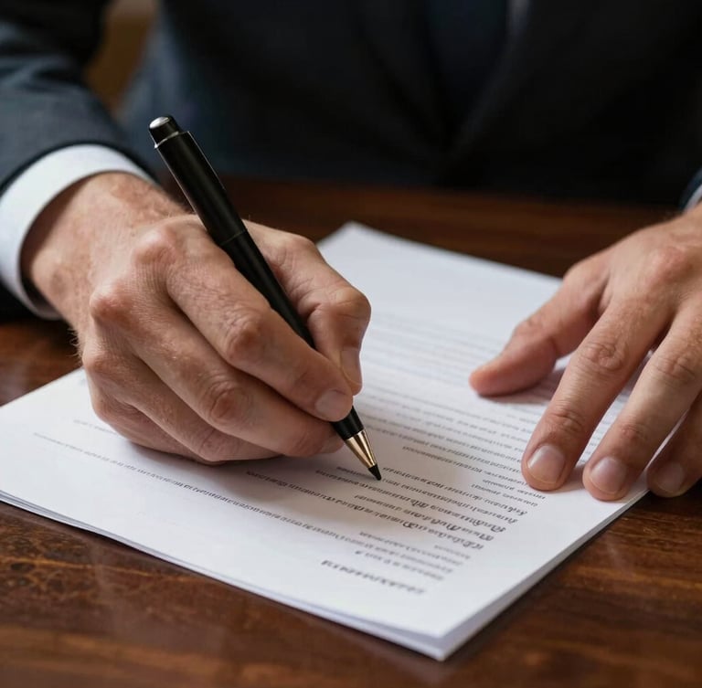 Macro close-up of hands in soft side-lighting signing a thick textured paper document on an executive dark wood desk