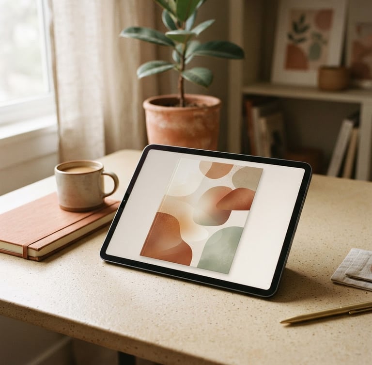 Digital e-book mockup on a sleek tablet screen, angled shot, soft natural window light, oat milk and terracotta tones, minimalist desk setup, 35mm