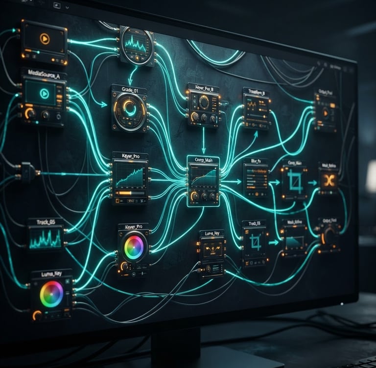 Macro shot of a digital node-based video editing interface with glowing electric teal lines and cybernetic amber highlights, high-contrast cinematic lighting, 16:9 aspect ratio