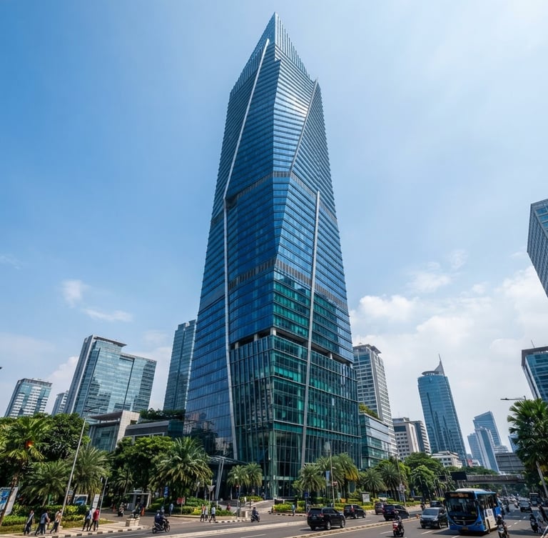 Wide-angle architectural photography of a soaring modern Jakarta skyscraper, crisp daylight reflecting off deep blue glass facades, clean institutional scale.