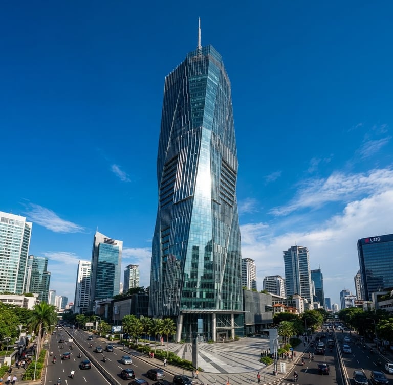 Wide-angle architectural photograph of a modern Indonesian skyscraper in Jakarta CBD, bright natural daylight, deep blue sky, clean glass facade reflecting sunlight, professional corporate aesthetic.