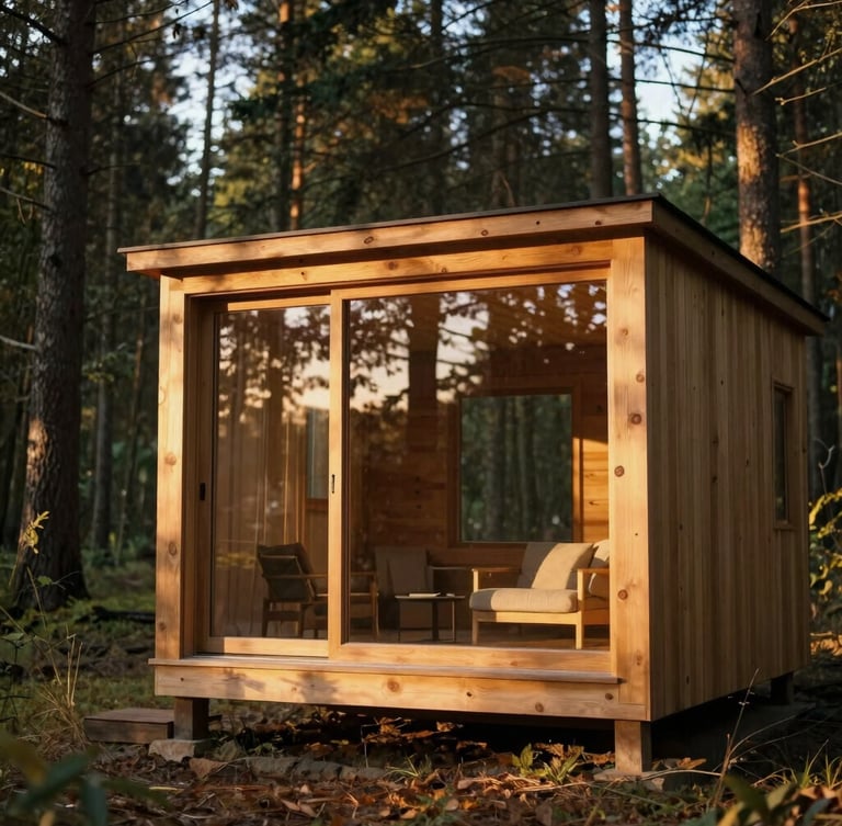 Warm golden hour light filtering through the glass facade of a minimalist timber cabin, surrounded by tall forest trees, 35mm photography.