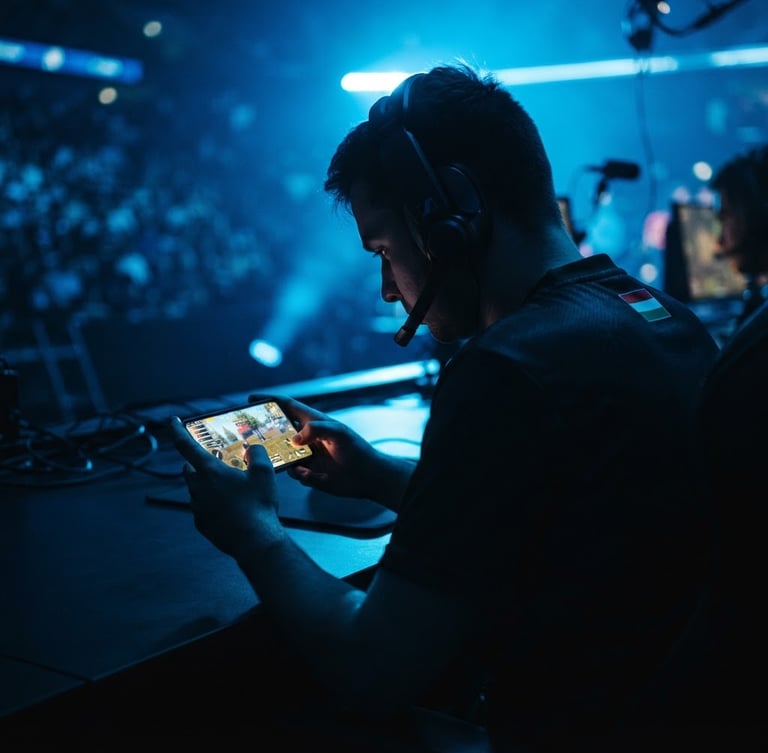 Low-key cinematic esports player silhouette with glowing mobile screen, intense electric blue backlight, deep shadows, Hungarian flag micro-accent on jersey shoulder, 35mm anamorphic lens.