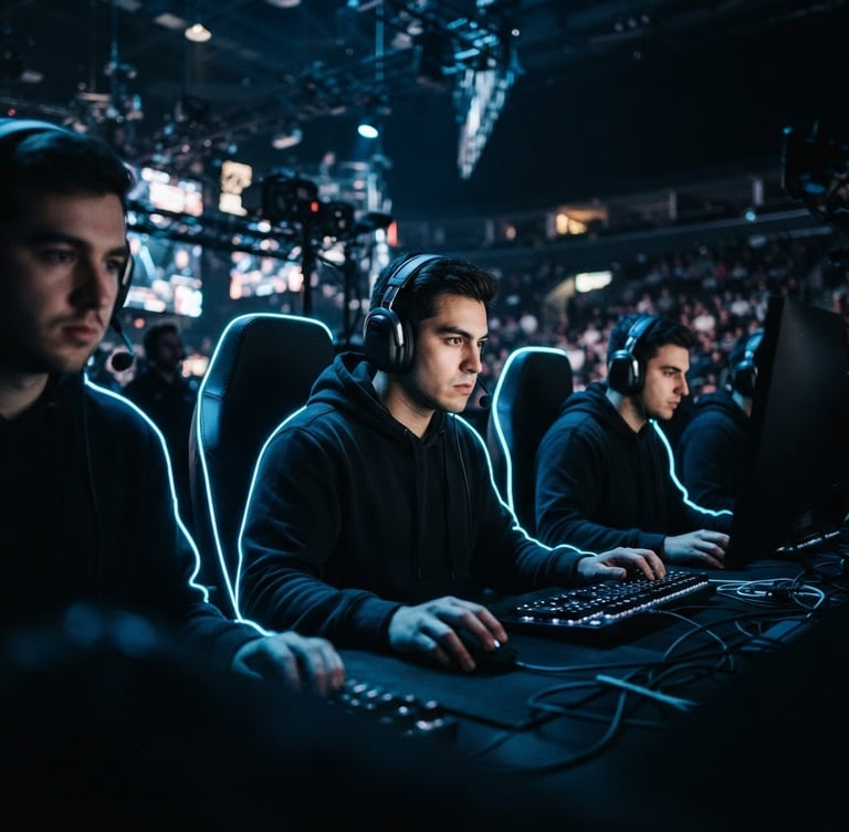 Low-angle heroic portrait of esports players in dark hoodies, electric blue neon rim lighting, deep shadows, cinematic esports photography, 35mm anamorphic lens