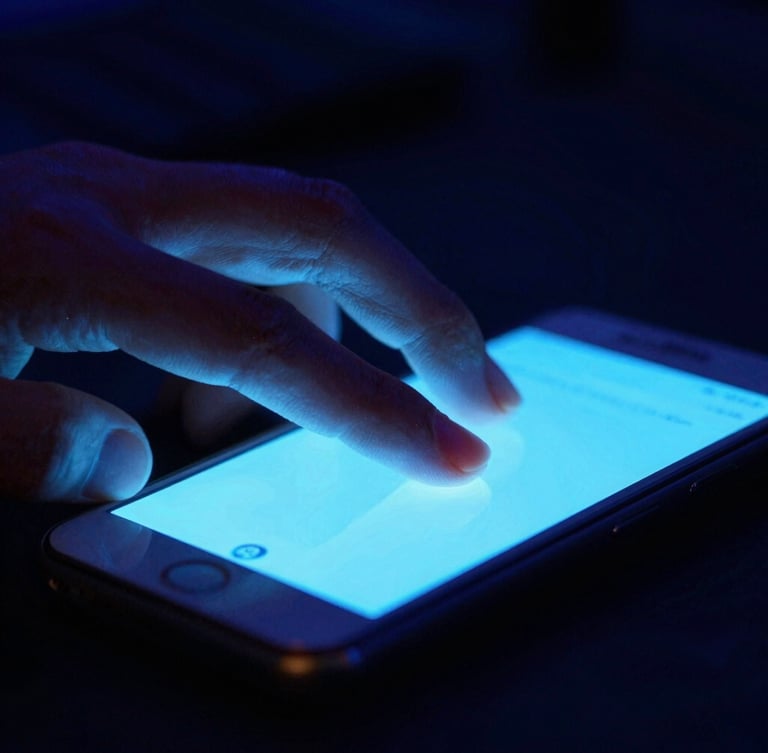 Close-up macro shot of fingers on a glowing mobile screen in a dark room, intense electric blue backlights, high-contrast tournament atmosphere, cinematic 35mm lens
