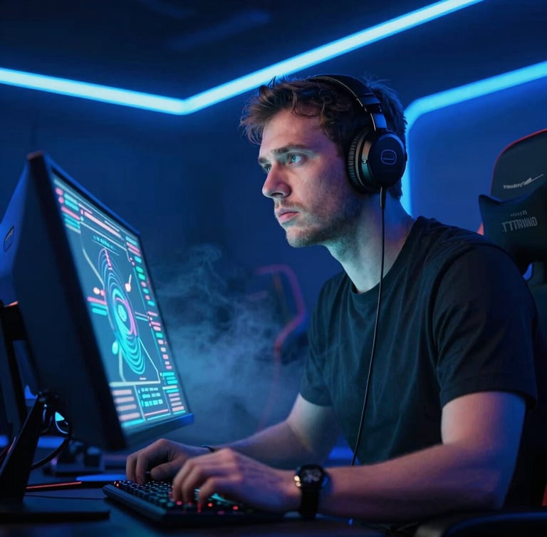 Low-angle heroic portrait of an esports coach looking at a glowing tactical screen in a dark gaming room, intense electric blue neon rim light, smoke atmosphere.