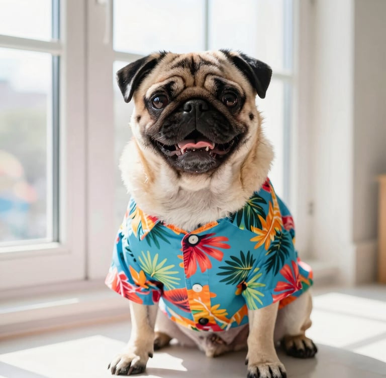 Vibrant studio pet photography, bright natural window light, a happy pug wearing a colorful tropical shirt looking at the camera, 50mm lens
