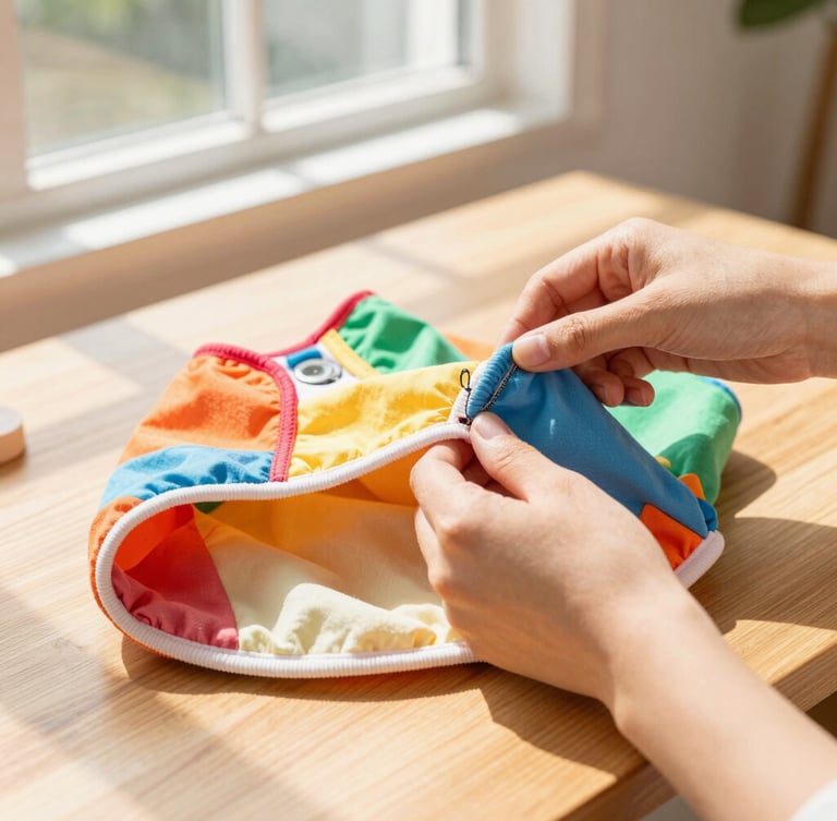 Close-up of hands carefully sewing a colorful pet hoodie on a wooden table, warm sunlight filtering through a window, fabric textures visible
