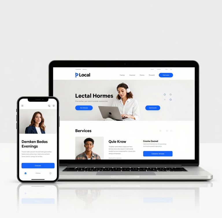Straight-on studio shot of a modern smartphone displaying a clean, high-contrast local business website with bold typography, sharp shadows, electric blue accent details, neutral white background.