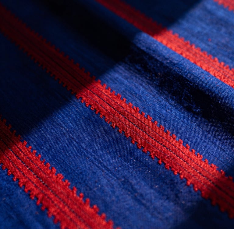 Macro shot of hand-loomed silk Ikat fabric with vivid lapis blue and madder red patterns, dramatic natural sunlight casting deep shadows, showcasing the rich tactile texture of the weave.
