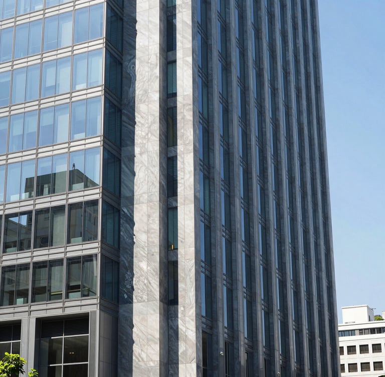 Modern corporate office building in Mexico City, clean architectural lines, bright natural daylight, cool blue glass reflections, sharp focus